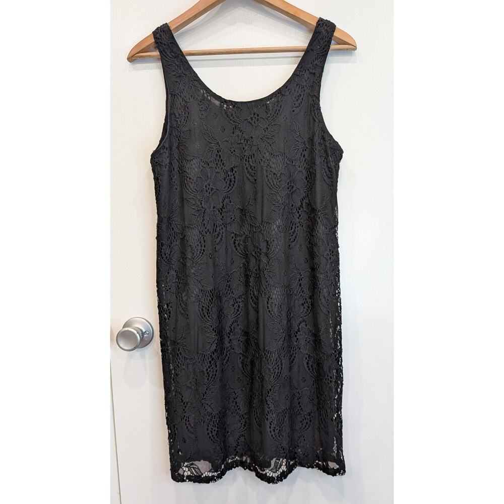 ANGIE Black Floral Lace Overlay Lined Sleeveless Shift Dress Large LBD Vacay - Picture 3 of 8